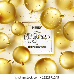 Christmas Background With Tree Balls, Ribbon And Confetti. Golden Ball. New Year. Winter holidays. Season Sale Decoration. Gold Xmas Gift.