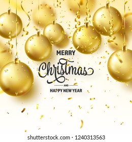 Christmas Background With Tree Balls, Ribbon And Confetti. Golden Ball. New Year. Winter holidays. Season Sale Decoration. Gold Xmas Gift.
