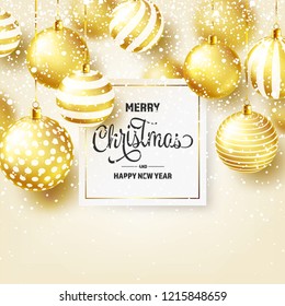 Christmas Background With Tree Balls And Snow. Golden Ball. New Year. Winter holidays. Season Sale Decoration. Gold Xmas Gift.