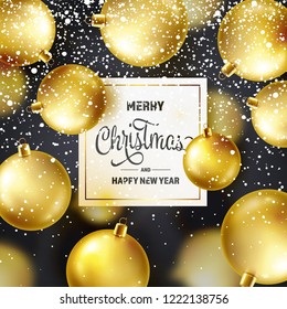 Christmas Background With Tree Balls And Snow. Golden Ball. New Year. Winter holidays. Season Sale Decoration. Gold Xmas Gift.
