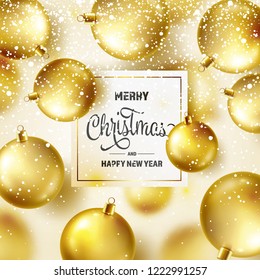 Christmas Background With Tree Balls And Snow. Golden Ball. New Year. Winter holidays. Season Sale Decoration. Gold Xmas Gift.