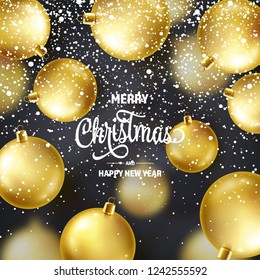 Christmas Background With Tree Balls And Snow. Golden Ball. New Year. Winter holidays. Season Sale Decoration. Gold Xmas Gift.
