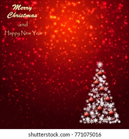 Christmas background with Christmas tree and balls. Sparkling stars. Vector illustration. Winter holiday.