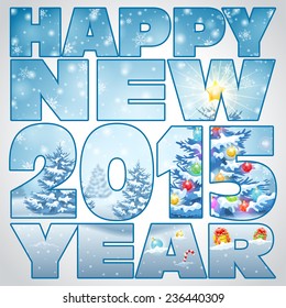 Christmas Background with Tree, Baubles, Gifts, Candy and Star through New Year Letter.