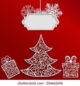 Christmas background with christmas tree, box and snowflakes on red