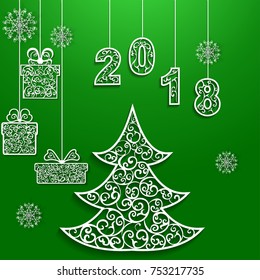 Christmas background with christmas tree, box and snowflakes on green.2018 Happy New Year greeting card.