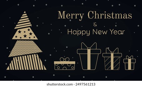Weihnachtlicher Hintergrund mit Weihnachtsbaum und Boxen mit Geschenken. Weihnachtskarte. Vektor auf schwarzem Hintergrund.