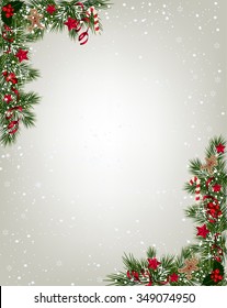 Christmas background with tree branch border with berry and ribbon. 