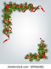 Fondo de Navidad con borde de rama de árbol. Navidad Garland con estrella de bayas y cinta. 