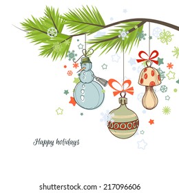 Christmas background, tree branch and cute ornaments