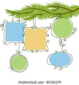 Christmas background, tree branch and hanging frames