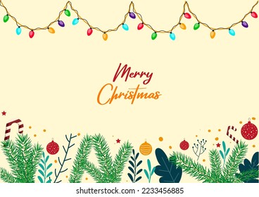 Christmas background with Christmas tree branch Leaf Christmas candy ball and lights