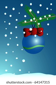 Christmas background with a tree branch, a toy and a falling snow