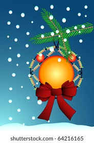 Christmas background with a tree branch, a toy and a falling snow
