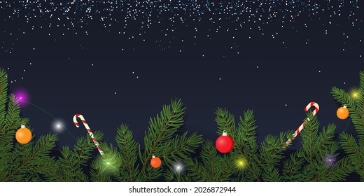 Christmas background, Christmas tree branches, Christmas balls and garland on a dark blue background. Vector illustration, flat