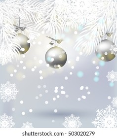 Christmas background with tree branches, balls, snowflakes, twinkling lights. Festive banner. 