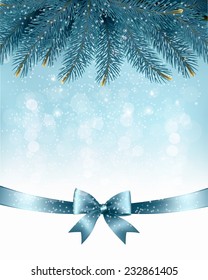Christmas background with christmas tree branches and blue ribbon. Vector illustration