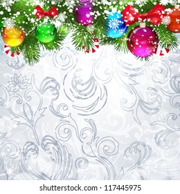 Fondo de Navidad con ramas de árbol de Navidad decoradas con bolas de vidrio.