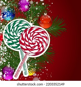 Christmas background with Christmas tree branches decorated with glass balls and toys.