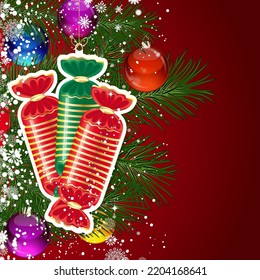 Christmas background with Christmas tree branches decorated with glass balls and toys.