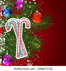 Christmas background with Christmas tree branches decorated with glass balls and toys.