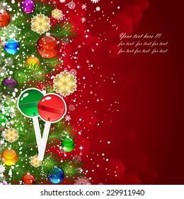 Fondo de Navidad con ramas de árbol de Navidad decoradas con bolas de vidrio y juguetes.