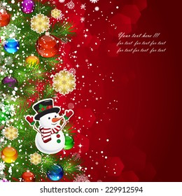 Christmas background with Christmas tree branches decorated with glass balls and toys.