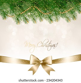 Christmas background with christmas tree branches and gold ribbon. Vector illustration