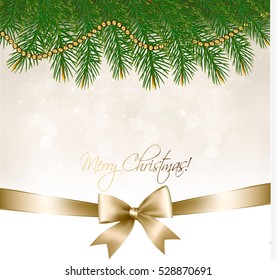 Christmas background with christmas tree branches and gold ribbon. Vector
