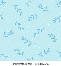 Christmas background with tree branches and snowflakes. Vector seamless pattern with mistletoe.