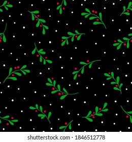 Christmas background with tree branches and snowflakes. Vector seamless pattern with mistletoe.
