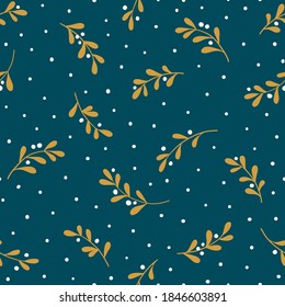 Christmas background with tree branches and snowflakes. Vector seamless pattern with mistletoe.