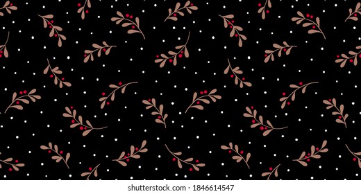 Christmas background with tree branches and snowflakes. Vector seamless pattern with mistletoe.