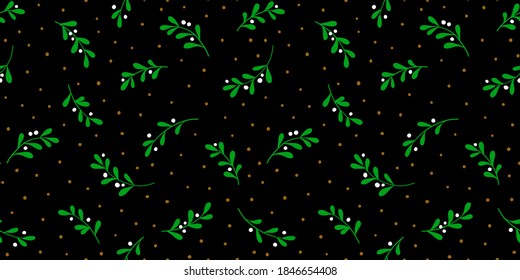 Weihnachtshintergrund mit Baumzweigen und Schneeflocken. Vektornahtloses Muster mit Misteloe.