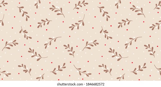 Christmas background with tree branches and snowflakes. Vector seamless pattern with mistletoe.