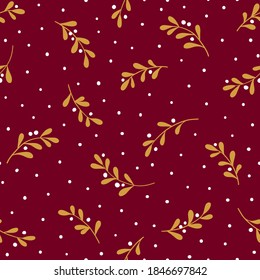 Christmas background with tree branches and snowflakes. Vector seamless pattern with mistletoe.