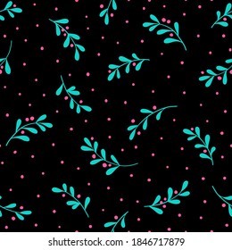 Christmas background with tree branches and snowflakes. Vector seamless pattern with mistletoe.