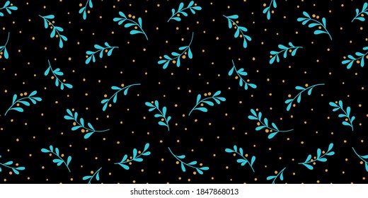 Christmas background with tree branches and snowflakes. Vector seamless pattern with mistletoe.