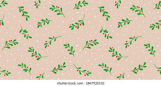 Christmas background with tree branches and snowflakes. Vector seamless pattern with mistletoe.