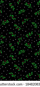 Christmas background with tree branches and snowflakes. Vector seamless pattern with mistletoe.