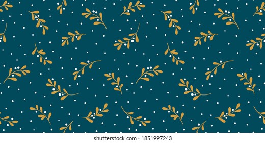 Christmas background with tree branches and snowflakes. Vector seamless pattern with mistletoe.