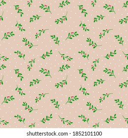 Christmas background with tree branches and snowflakes. Vector seamless pattern with mistletoe.