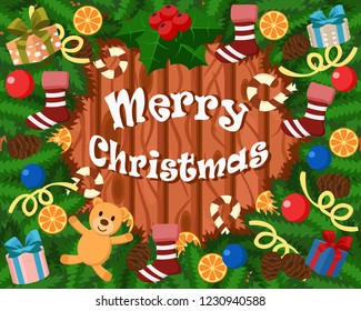Christmas background of Christmas tree branches, toys, gifts, cones, candy, oranges and Christmas socks.
