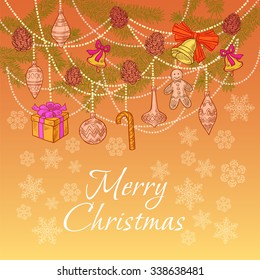 Christmas background with Christmas tree branches and toys with a congratulatory inscription for the holidays