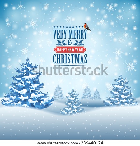 Christmas Background with Tree, Bullfinch and Label on Snowy background.