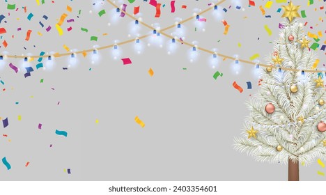 Fondo de Navidad con árbol de Navidad, confetti y luces. Ilustración vectorial.