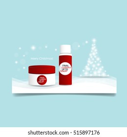 Fondo navideño con empaquetado de árboles de Navidad y cosméticos, ilustración vectorial