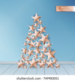 Christmas Background with Christmas Tree of Cutout Shining Gold Stars in White Nordic Interior. Vector illustration