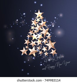 Christmas Background with Christmas Tree of Cutout Shining Gold Stars. Vector illustration