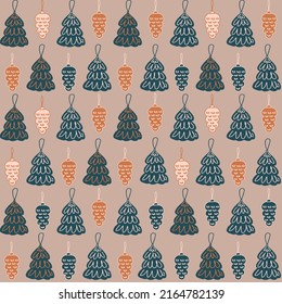 christmas background christmas tree decorations and cones vector seamless pattern
